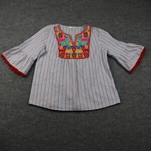 Jade Melody Tam Shirt Womens Medium Blue Stripe Embroidered Boho Peasant Pom Pom